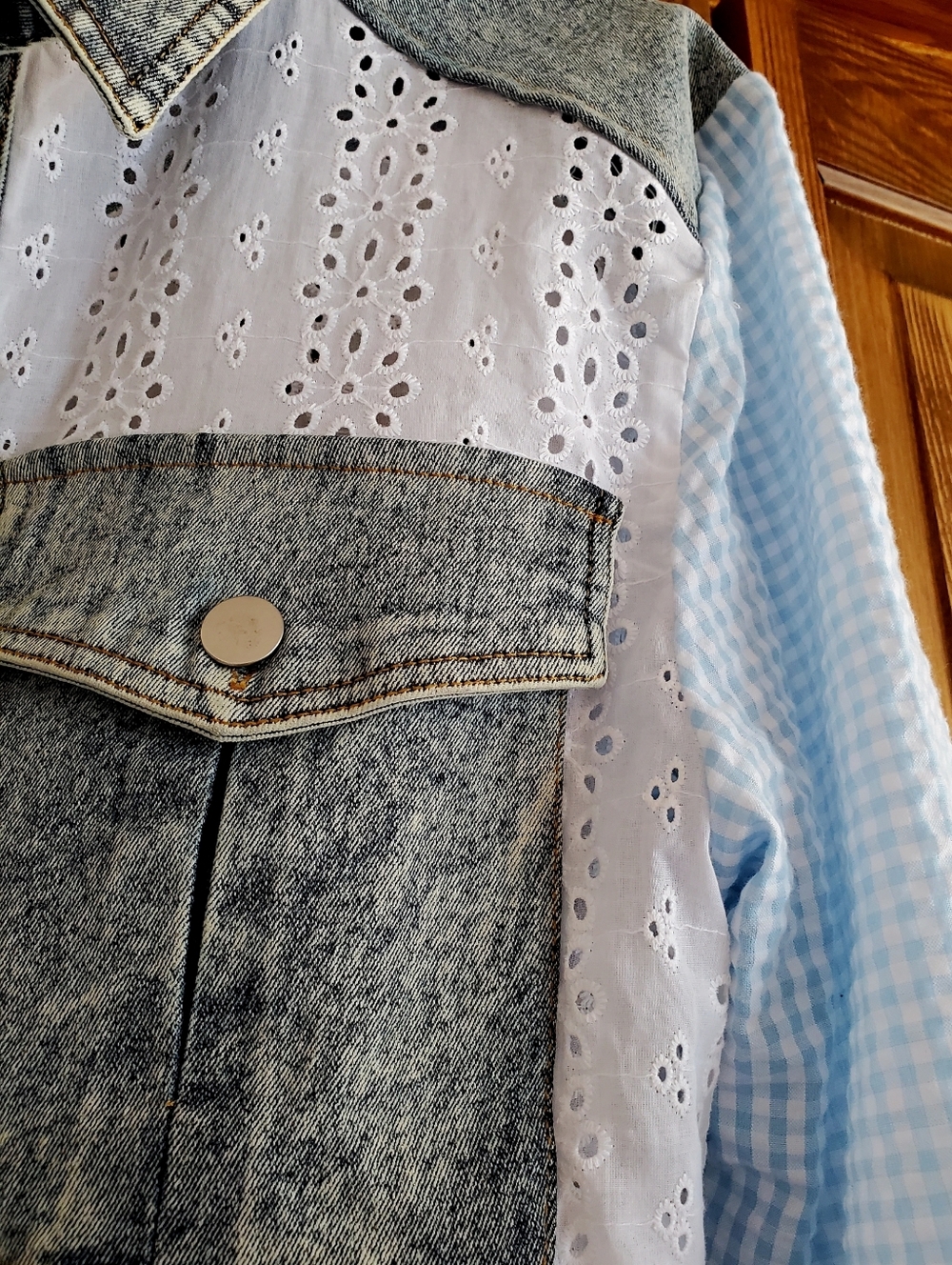 Jolie & Joy Mixed Media Cropped Shacket - Light Blue Eyelet & Gingham - Picture 3 of 5